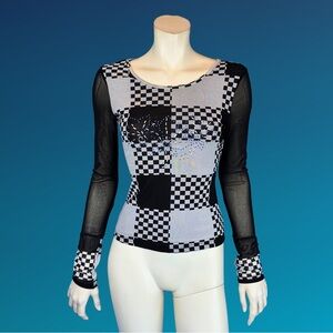 Y2K MESH CHECKERBOARD Long Sleeve Top / Black & White Baby Tshirt / XS S